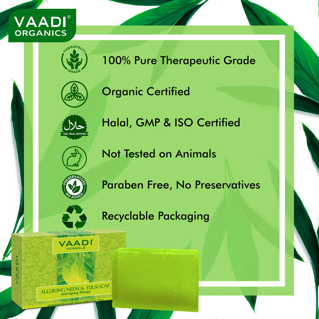 Organic Alluring Neem Tulsi Soap with Aloe Vera, Vitamin E & Tea Tree Oil - Prevents Ageing - Protects Skin (12 x 75 gms / 2.7 oz)