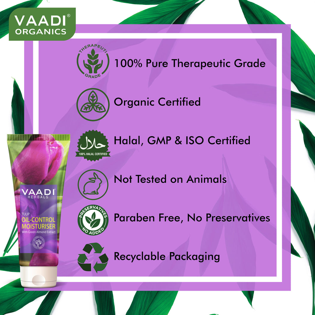Organic Tulip Oil Control Moisturiser with Green Almond Extract - Keeps Skin Oil Free - Makes Skin Feathery Soft (60 ml/ 2.1 fl oz)
