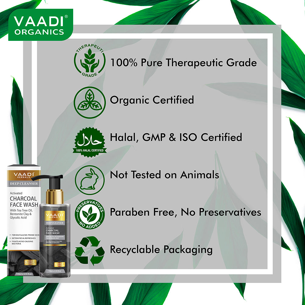 Activated Charcoal Face Wash with Tea Tree Oil, Bentonite Clay & Glycolic Acid| For Oily & Acne-Prone Skin| Detoxifies & Refreshes| Deep Purify| No Parabens, Mineral, Silicon| Face Wash for Women & Men ( 110 ml )