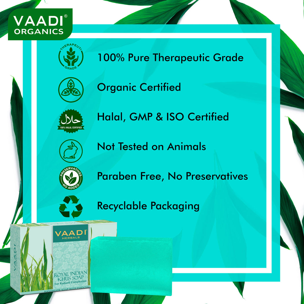Royal India Organic Khus (Vetiver) Soap with Olive & Soyabean Oil - Rejuvenates Skin - Boosts Cellular Renewal ( 75 gms / 2.7 oz)