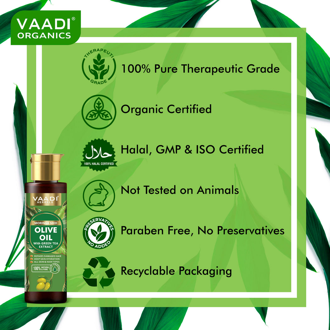 Organic Moringa Seed Olive Oil with Green Tea Extract - Repairs Damaged Hair - Deep Moisturisation - Skin Hydrating - Strengthens Hair - For All Types of Skin & Hair - Cold Pressed (120 ml / 4.05 oz)