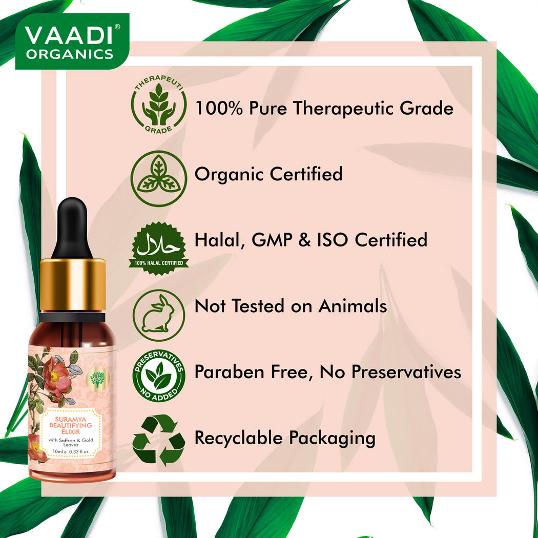 Organic Suramya Beautifying Elixr (Pure Mix of Saffron, 24k Gold Leaves & Sweet Almond Oil) - Reduces Fine Lines, Improves Skin Complexion & Gives a Natural Glow (10 ml/ 0.33 oz)