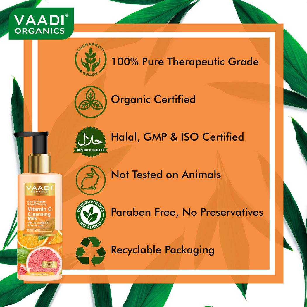 Organic Vitamin C Cleansing Milk With Pro Vitamin B-5 & Glycolic Acid For Instant Glow (250 ml / 8.5 fl oz )