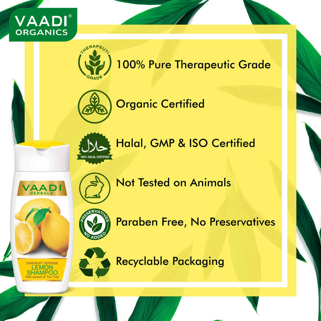 Dandruff Defense Organic Lemon Shampoo with Tea Tree Extract - Disinfects Scalp - Prevents Hairfall (110 m/ 4 fl oz)