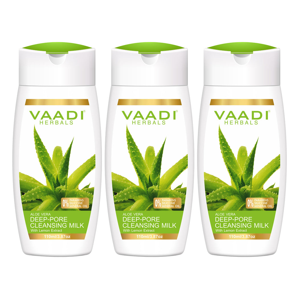 Organic Aloe Vera Deep Pore Cleansing Milk with Lemon Extract - Cleanses & Softens Skin - Locks In Moisture All Day (3 x 110 ml/ 4 fl oz)