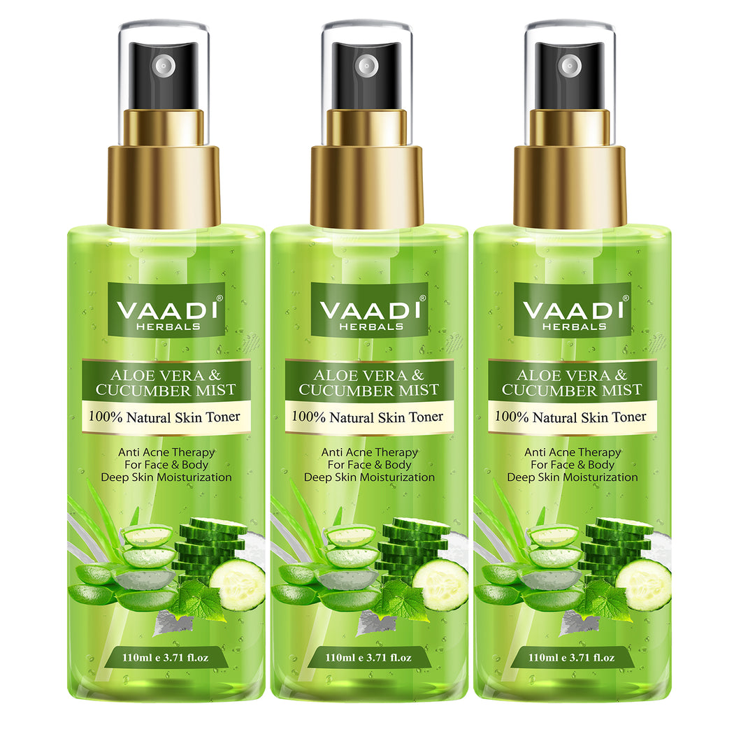 Pack of 3 Aloe Vera & Cucumber Mist - 100% Natural Skin Toner (3 x 110 ml / 4 fl oz)