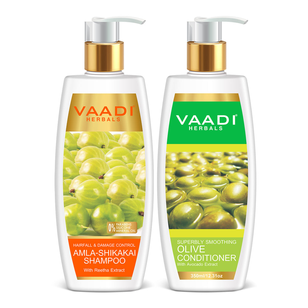 Hairfall & Damage Control Organic Shampoo (Indian Gooseberry Extract) - Multi Vitamin Rich Olive Conditioner with Avocado Extract (2 x 350 ml/ 12 fl oz)