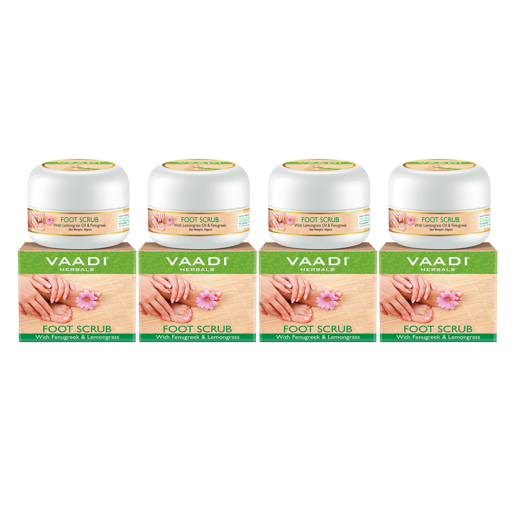 Organic Foot Scrub with Fenugreek & Lemongrass Oil - Therapeutic Exfoliates - Rejuvenates Damaged Skin - Softens Skin (4 x 30 gms / 1.1 oz)