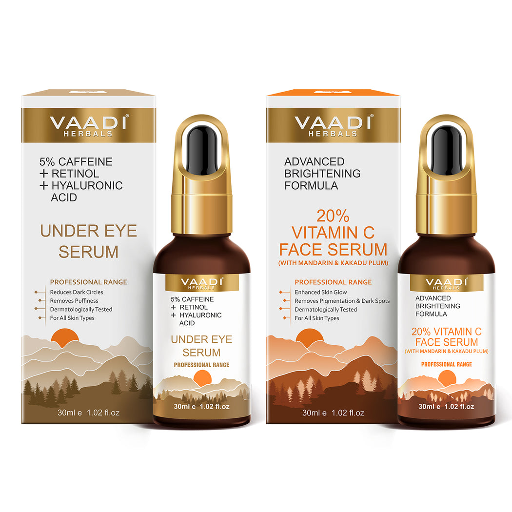 GLOWING FACE SET - AM PM COMBO- Under Eye Serum With Vitamin C Serum Combo (2 x 30 ml/ 1.2 fl oz)