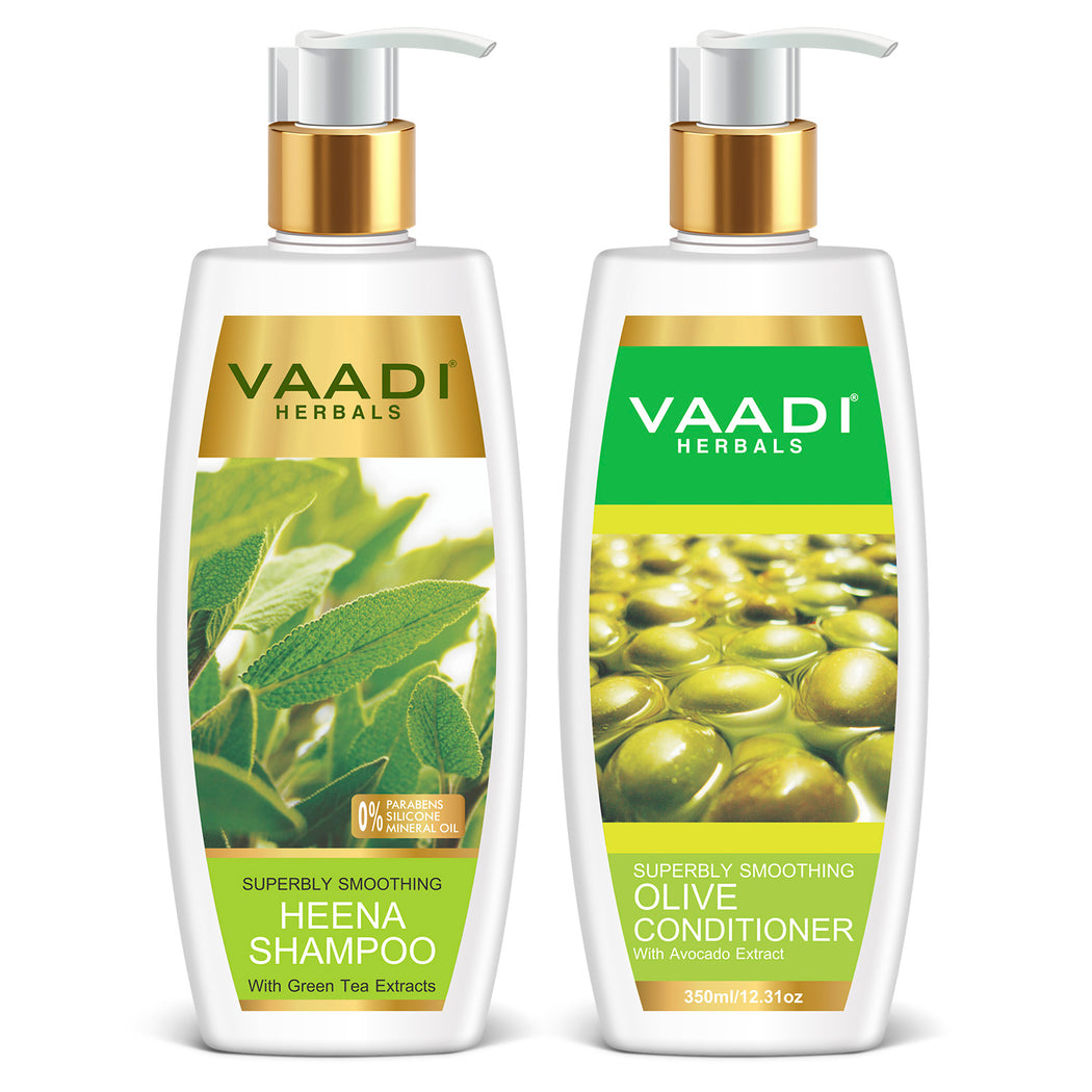 Superbly Smoothing Organic Heena Shampoo with Green Tea Extract - Multi Vitamin Rich Olive Conditioner with Avocado Extract (2 x 350 ml/ 12 fl oz)