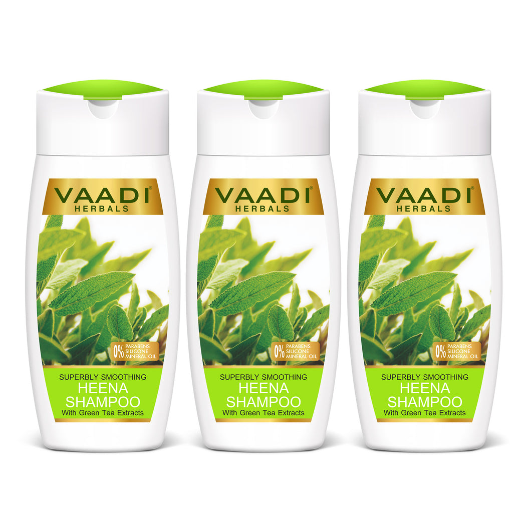 Superbly Smoothing Organic Heena Shampoo with Green Tea Extract - Controls Dry Frizzy Hair - Strengthens Hair (3 x 110 ml/4 fl oz)