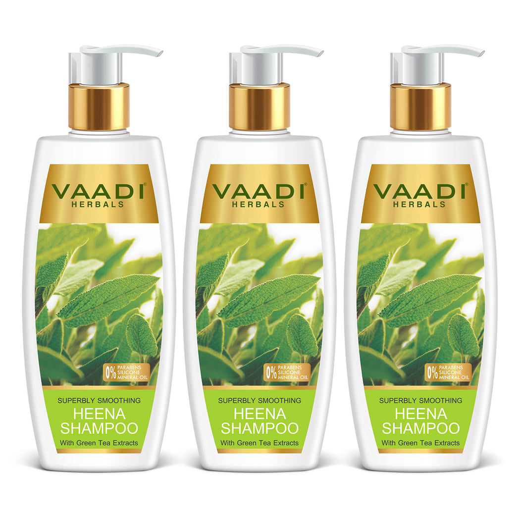 Superbly Smoothing Organic Heena Shampoo with Green Tea Extract - Controls Dry Frizzy Hair - Strengthens Hair (3 x 350 ml/12 fl oz)