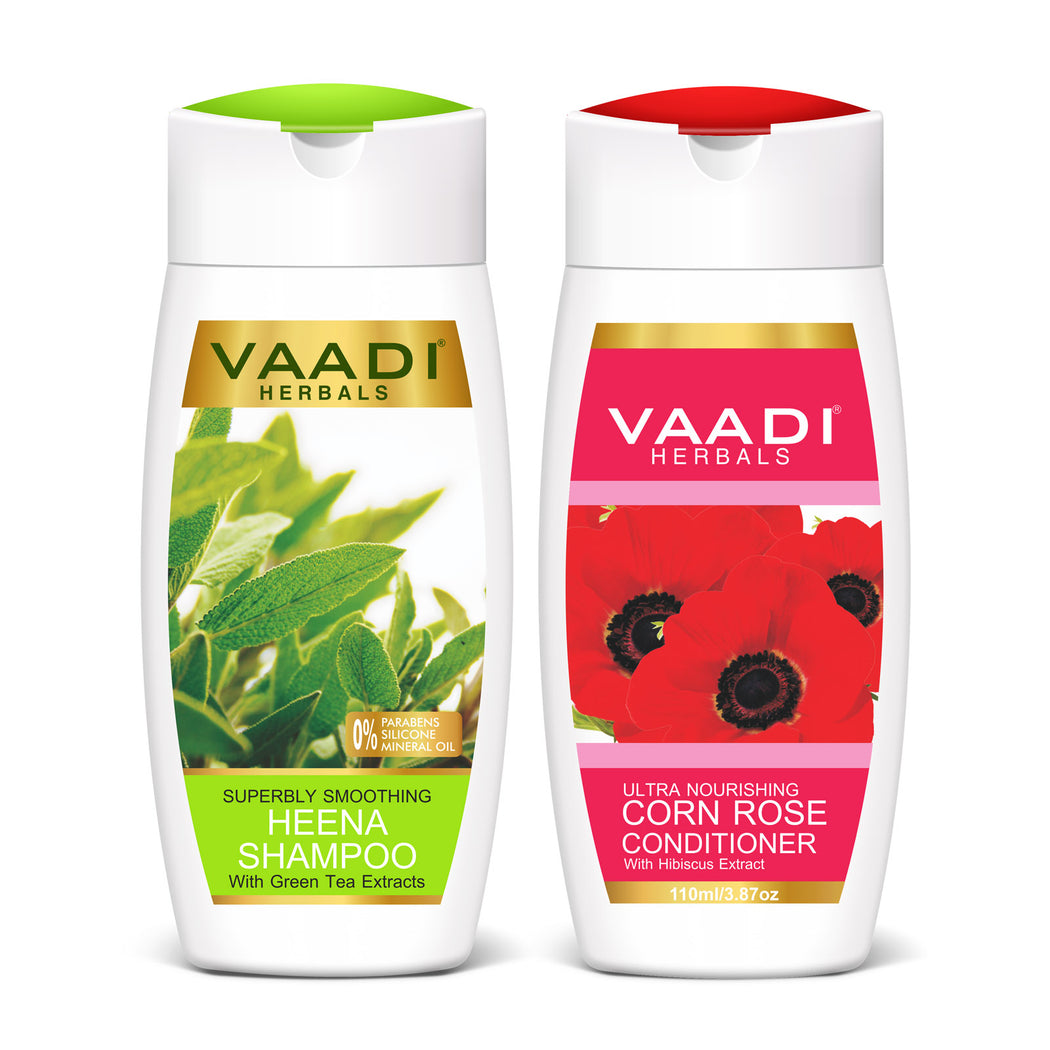 Superbly Smoothing Organic Heena Shampoo with Green Tea Extract - Ultra Nutrient Rich Corn Rose Conditioner ( 2 x 110 ml/ 4 fl oz)