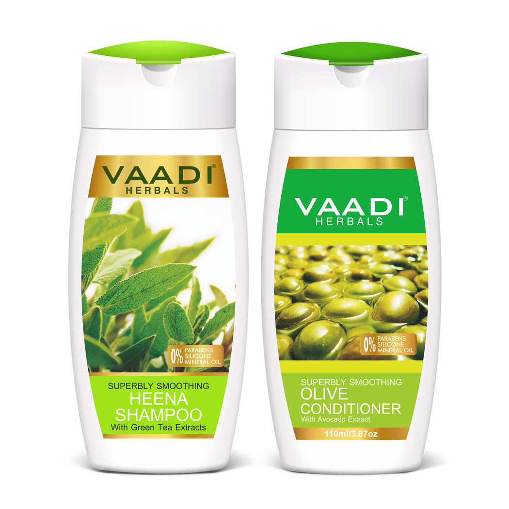 Superbly Smoothing Organic Heena Shampoo with Green Tea Extract - Multi Vitamin Rich Olive Conditioner with Avocado Extract (2 x 110 ml/ 4 fl oz)