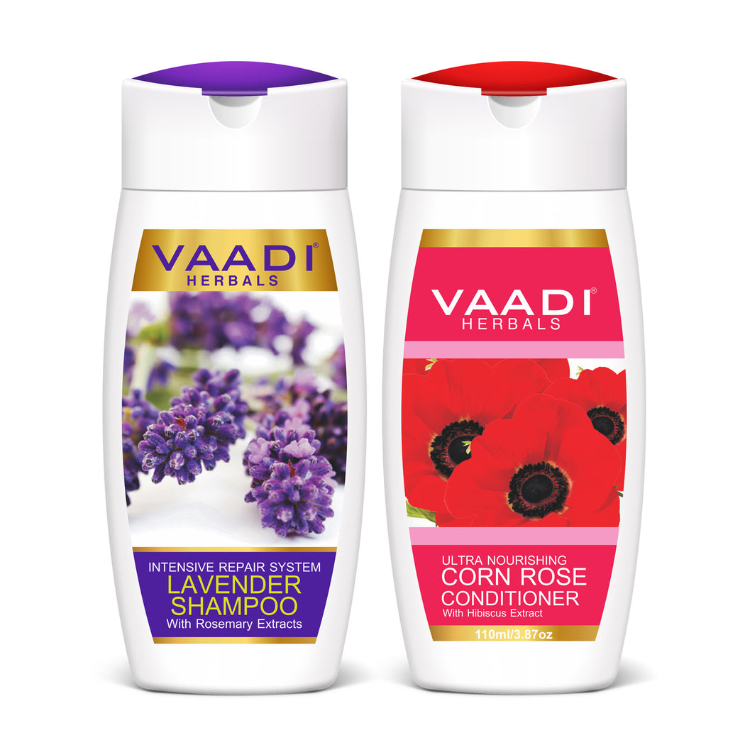 Intensive Repair Organic Lavender Shampoo with Rosemary Extract - Ultra Nutrient Rich Corn Rose Conditioner ( 2 x 110 ml/ 4 fl oz)