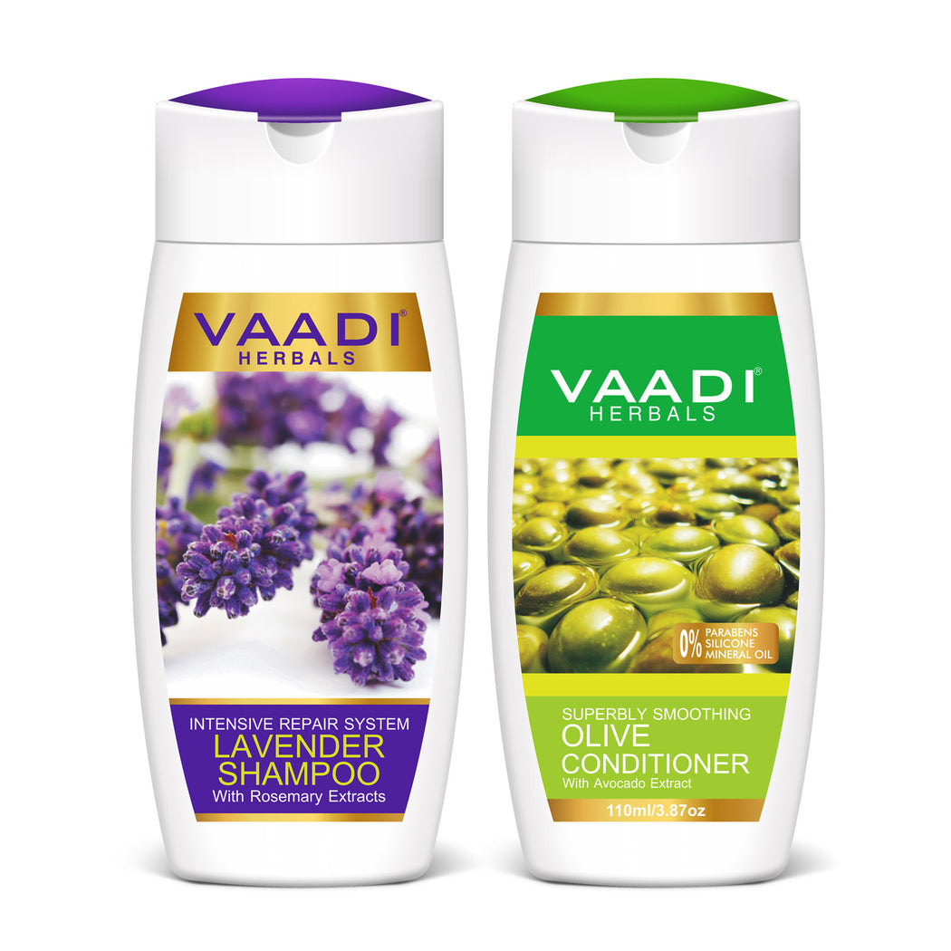 Intensive Repair Organic Lavender Shampoo with Rosemary Extract - Multi Vitamin Rich Olive Conditioner with Avocado Extract (2 x 110 ml/ 4 fl oz)