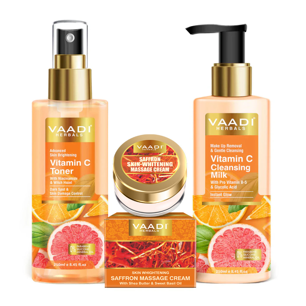 Organic Vitamin C Brightening Combo - Cleansing Milk (250 ml), Toner (250 ml), Massage Cream (50 gms)