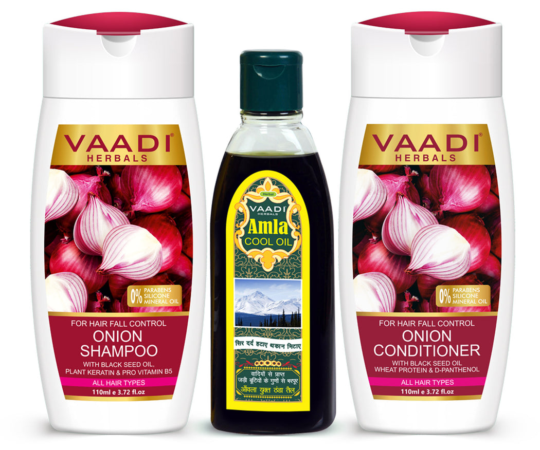 Organic Anti Hair Fall Complete Pack - Onion Shampoo (110 ml), Onion Conditioner (110 ml) & Amla Hair Oil (200 ml)