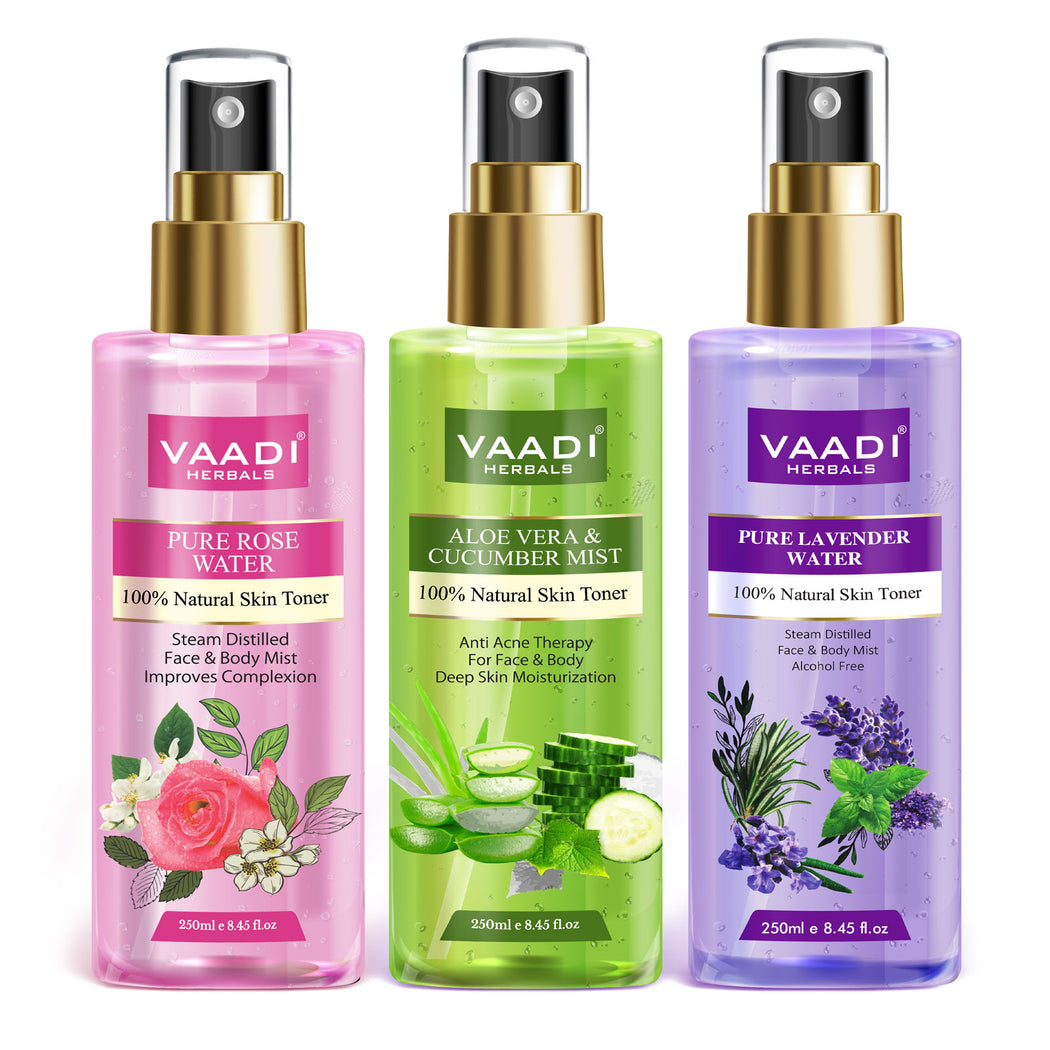 Pack of 3 Skin Toners - Rose Water, Lavender Water and Aloe Vera & Cucumber Mist - 100% Natural & Pure (3 x 250 ml / 8.5 fl oz)