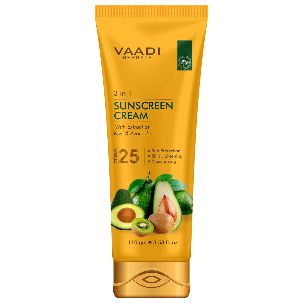 Organic Sunscreen Cream SPF 25 with Kiwi & Avocado Extract - Protects & Nourishes Skin - Enhances Complexion (110 gms / 4 oz)