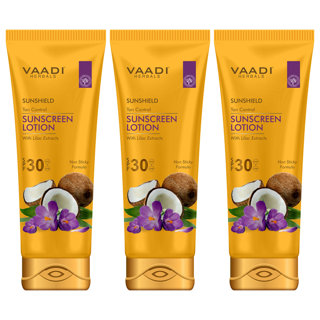 Organic Sunscreen Lotion SPF 30 wth Lilac Extract - Anti oxidant Rich - Long Lasting - Protects from Sun Tan (3 x 110 ml / 4 fl oz)