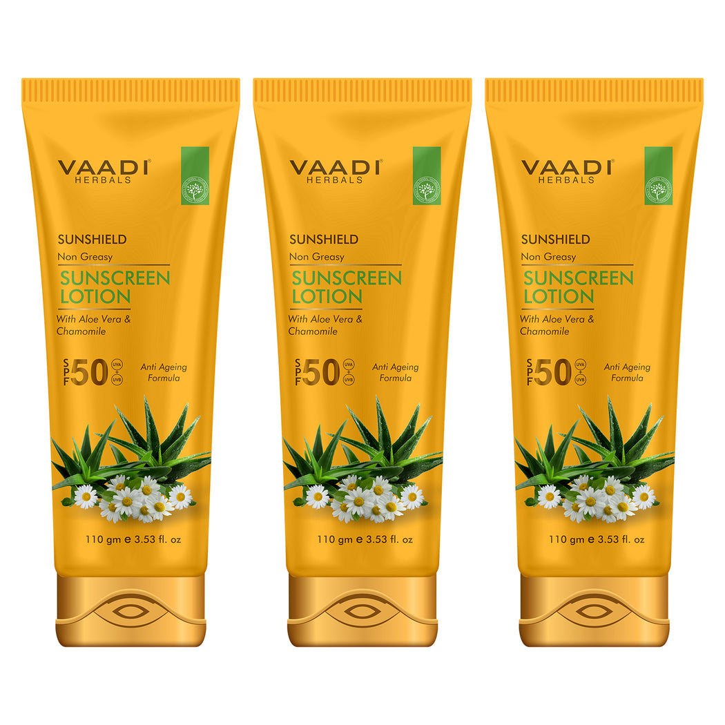 Organic Sunscreen Lotion SPF 50 with Aloe Vera & Chamomile - Non Greasy - Long Lasting - Soothes Burnt Skin (3 x 110 ml/ 4 fl oz)