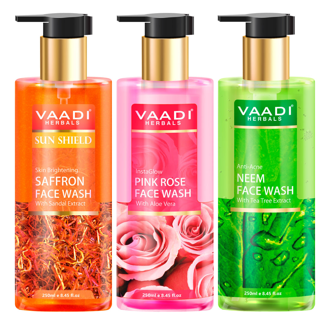 Pack of 3 Luxurious Face Wash - Skin Whitening Saffron, Anti-Acne Neem & Insta Glow Pink Rose Face Wash(3 x 250 ml / 8.5 fl oz)