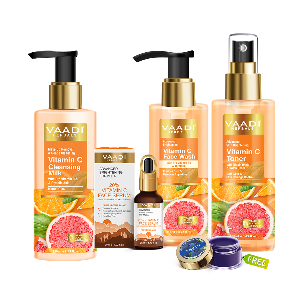 Vitamin C Intense Glow 4 Pcs Skin Care Set (Cleansing Milk, Face Wash, Toner, & Serum ) with free Blueberry Lip Balm (10 gm)