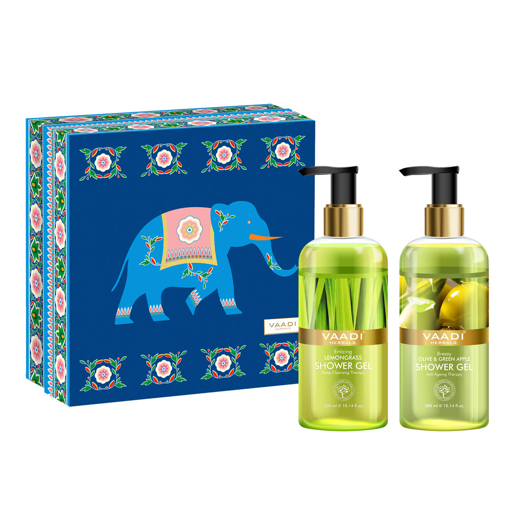 Enduring Fragrance Organic Shower Gel Gift Box - Enticing Lemongrass & Olive & Green Apple Shower Gel 300 ml - Exotic Bathing Experience