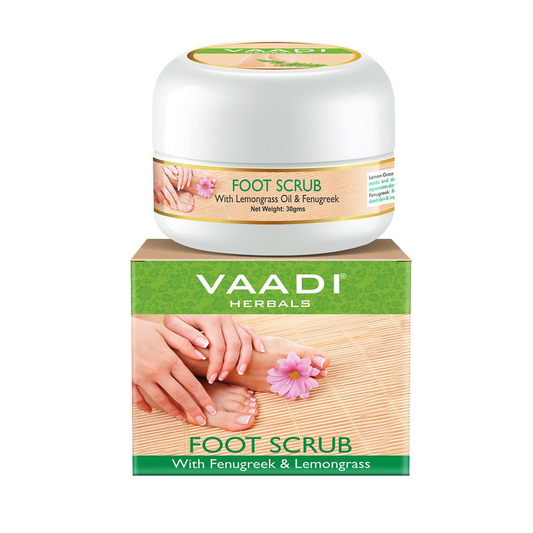 Organic Foot Scrub with Fenugreek & Lemongrass Oil - Therapeutic Exfoliates - Rejuvenates Damaged Skin - Softens Skin (30 gms / 1.1 oz)