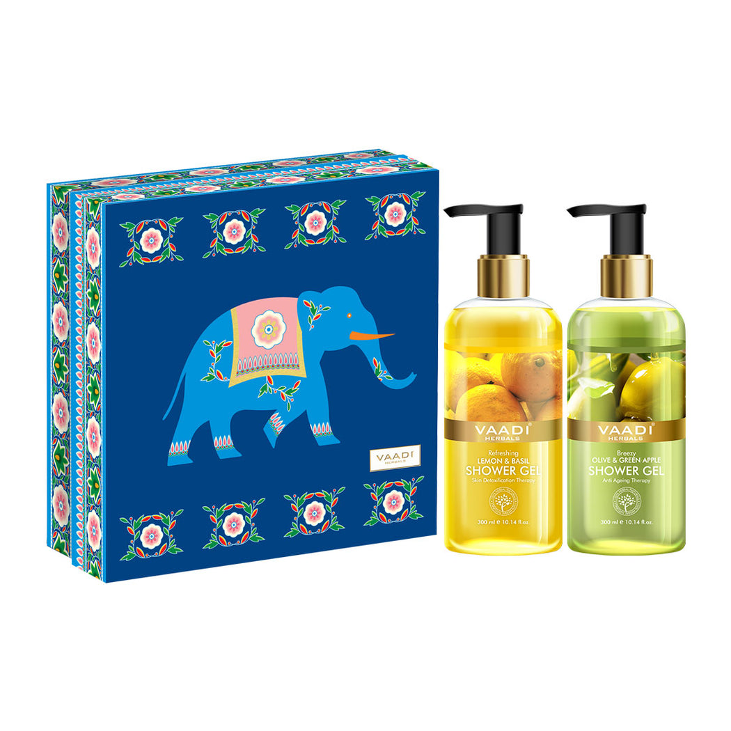Fresh Springs Organic Shower Gel Gift Box - Refreshing Lemon and Basil & Breezy Olive and Green Apple 300 ml - Exotic Bathing Experience