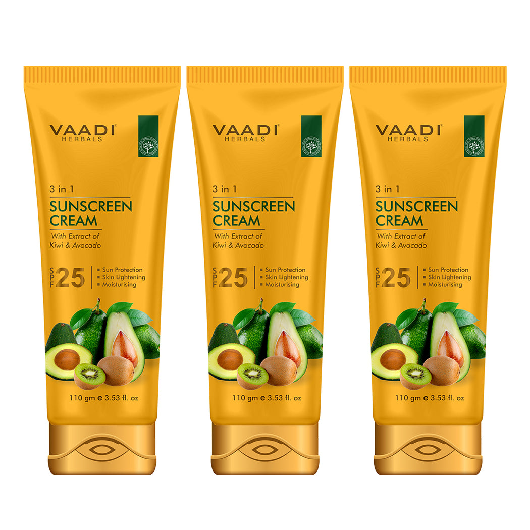 Organic Sunscreen Cream SPF 25 with Kiwi & Avocado Extract - Protects & Nourishes Skin - Enhances Complexion (3 x 110 gms / 4 oz)