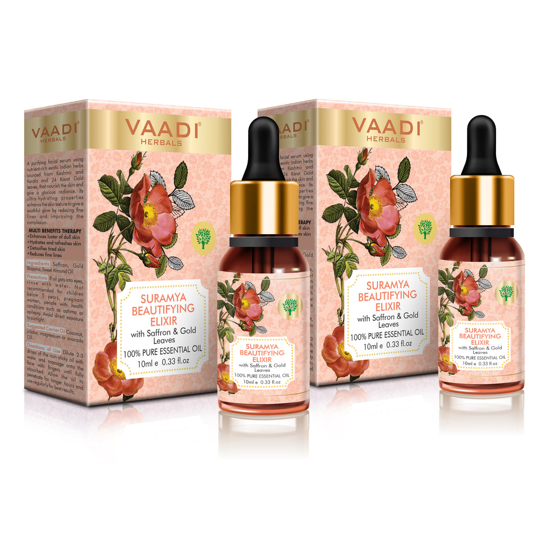 Pack of 2 Organic Suramya Beautifying Elixr (Pure Mix of Saffron, 24k Gold Leaves & Sweet Almond Oil) - Reduces Fine Lines, Improves Skin Complexion & Gives a Natural Glow (2 x 10 ml/ 0.33 oz)
