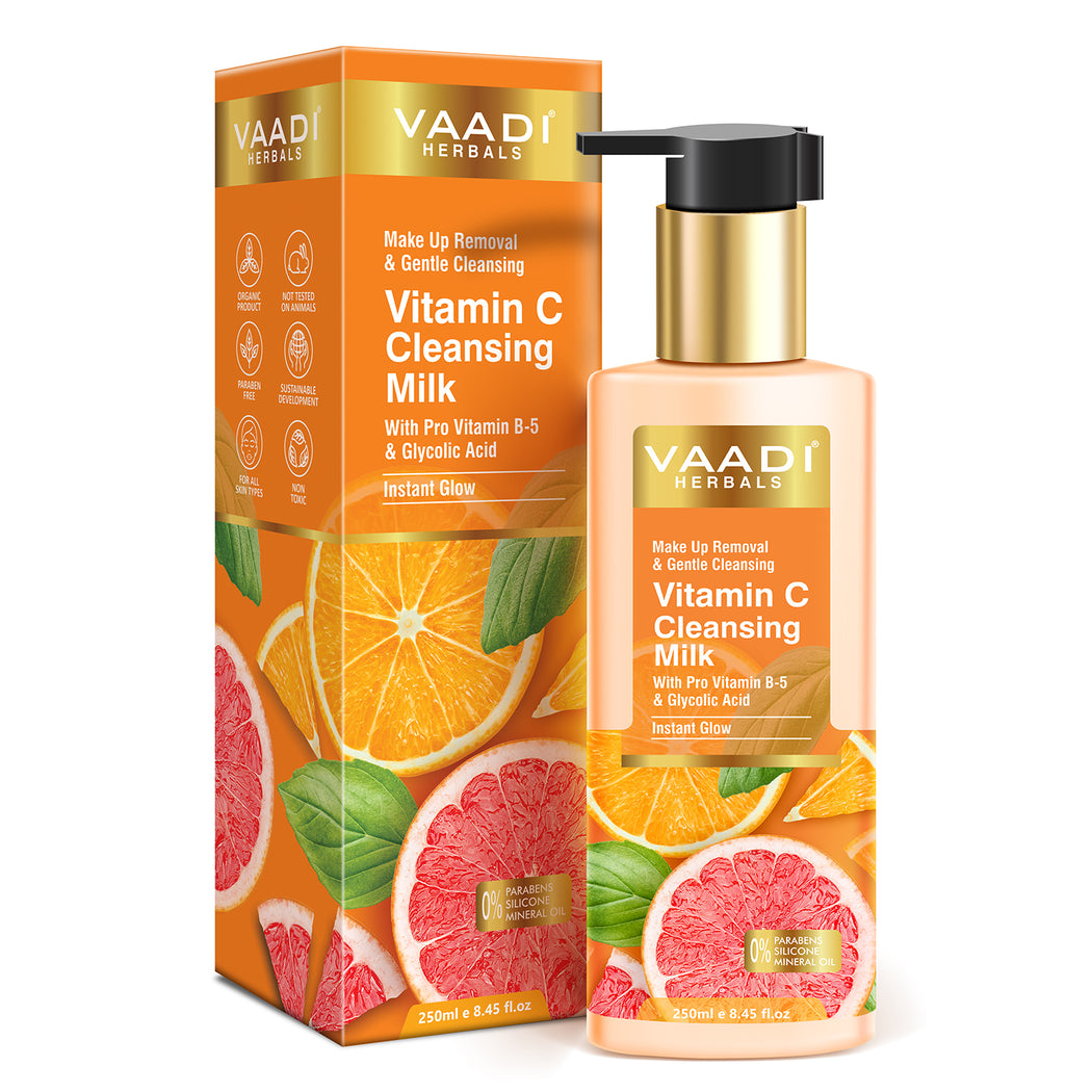 Organic Vitamin C Cleansing Milk With Pro Vitamin B-5 & Glycolic Acid For Instant Glow (250 ml / 8.5 fl oz )