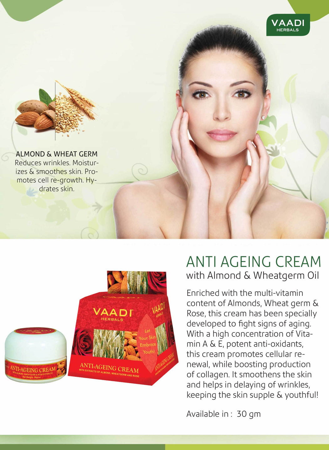 Organic Anti Ageing Cream with Almond, Wheatgerm - Boosts Collagen & Delays Wrinkles - Keeps Skin Soft & Youthful ( 30 gms / 1.1 oz)