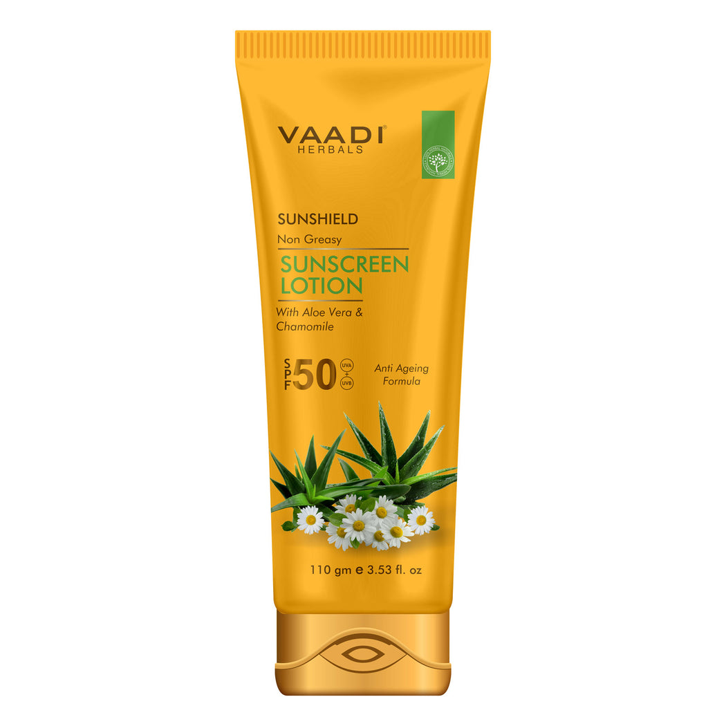 Organic Sunscreen Lotion SPF 50 with Aloe Vera & Chamomile - Non Greasy - Long Lasting - Soothes Burnt Skin (110 ml/ 4 fl oz)