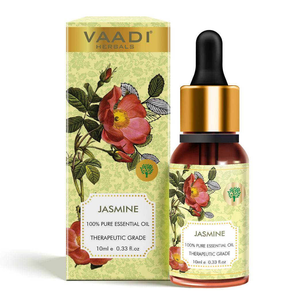 Organic Jasmine Essential Oil - Nourishes Dry & Damaged Hair, Improves Sleep, Uplifts Mood, Reduces Acne & Blemishes - 100% Pure Therapeutic Grade (10 ml/ 0.33 oz)