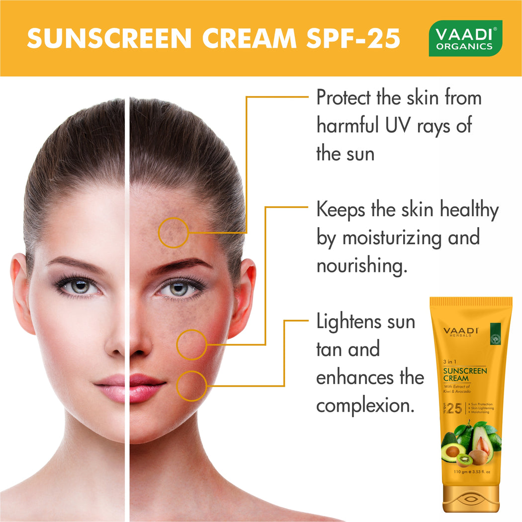 Organic Sunscreen Cream SPF 25 with Kiwi & Avocado Extract - Protects & Nourishes Skin - Enhances Complexion (2 x 110 gms / 4 oz)