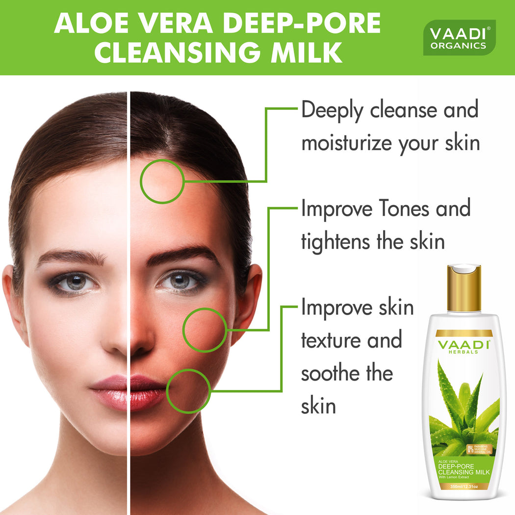 Organic Aloe Vera Deep Pore Cleansing Milk with Lemon Extract - Cleanses & Softens Skin - Locks In Moisture All Day (350 ml/ 12 fl oz)