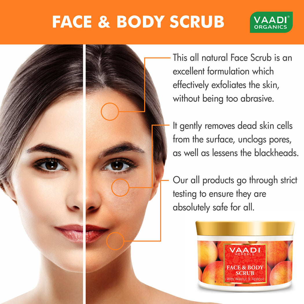 Organic Face & Body Scrub with Walnut & Apricot - Exfoliates & Unclogs Pores - Keeps Skin Youthful ( 500 gms / 17.7 oz)