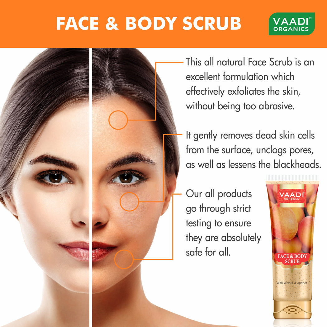 Organic Face & Body Scrub with Walnut & Apricot - Exfoliates & Unclogs Pores - Keeps Skin Youthful ( 2 x 110 gms / 4 oz)