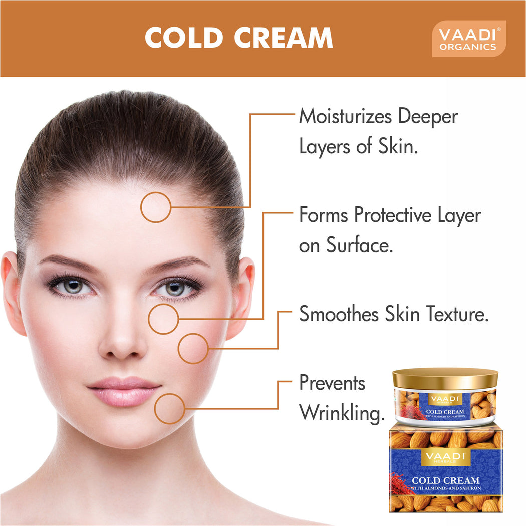 Organic Cold Cream with Almond Oil, Aloe Vera & Saffron - Protects & Moisturises Skin - Reduces Wrinkles (150 gms / 5.3 oz)