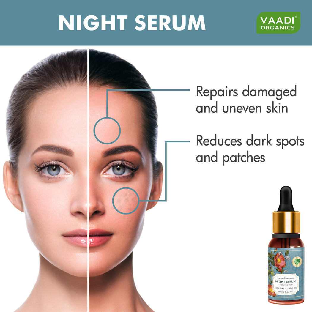 Pack of 2 Organic Natural Radiance Night Serum with Aloe Vera - Reduces Dark Spots & patches, Repairs Damaged & Uneven Skin (2 x 10 ml/ 0.33 oz)