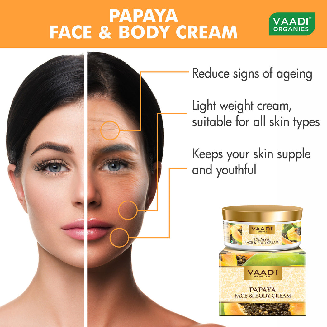 Organic Papaya Face & Body Cream - Maintains Skin Elasticity - Keeps Skin Youthful (3 x 150 gms/ 5.3 oz)