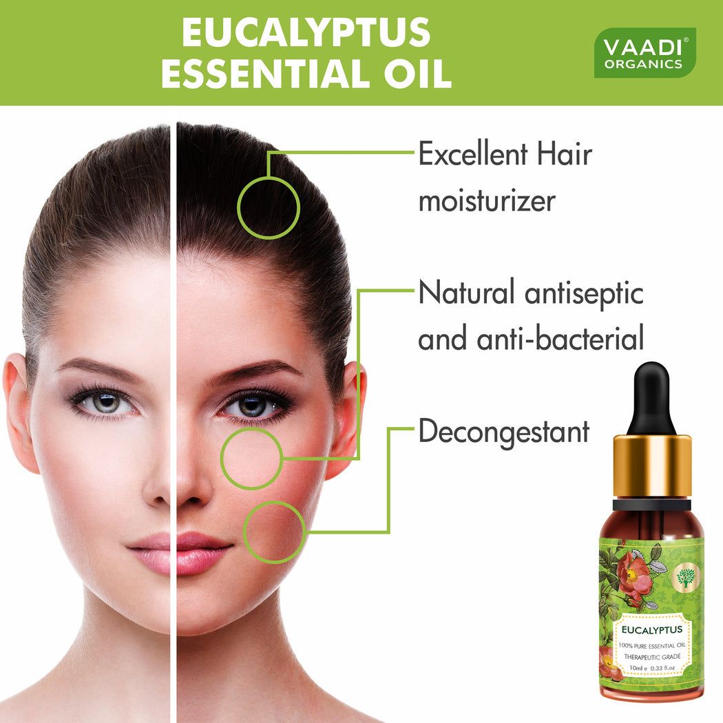 Organic Eucalyptus Essential Oil - Prevents Hairfall, Acne, Soothing & Cool Fragrance - 100% Pure Therapeutic Grade (10 ml/ 0.33 oz)