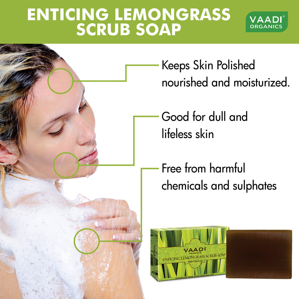 Enticing Organic Lemongrass Soap with Charcoal - Exfoliates & Polishes Skin - Makes Skin Smooth (6 x 75 gms / 2.7 oz)