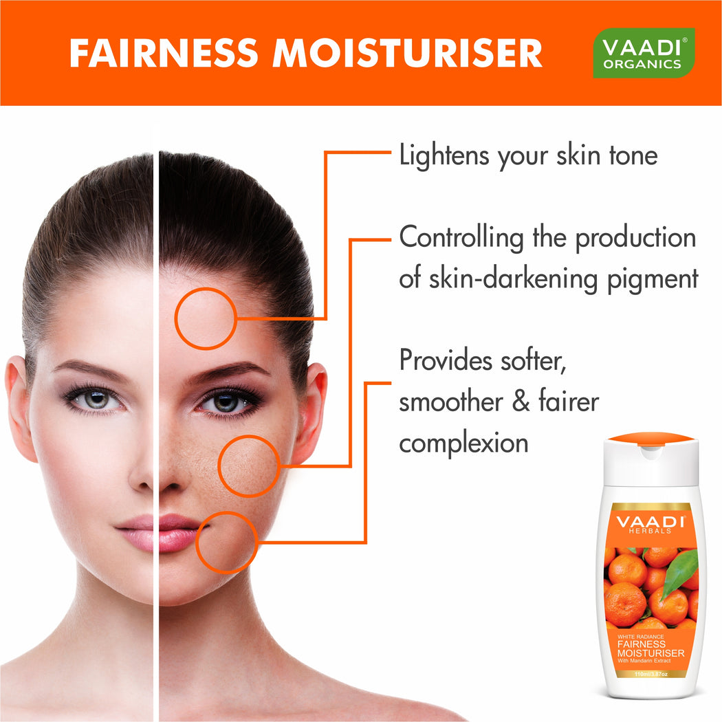 Organic Fairness Moisturiser with Mandarin Extract - Vitamin C Rich - Lightens Skin Tone - Controls Pigmentation (110 ml/ 4 fl oz)