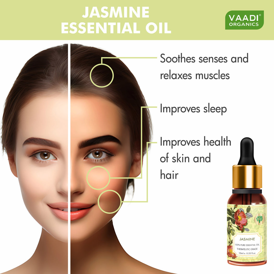 Organic Jasmine Essential Oil - Nourishes Dry & Damaged Hair, Improves Sleep, Uplifts Mood, Reduces Acne & Blemishes - 100% Pure Therapeutic Grade (10 ml/ 0.33 oz)