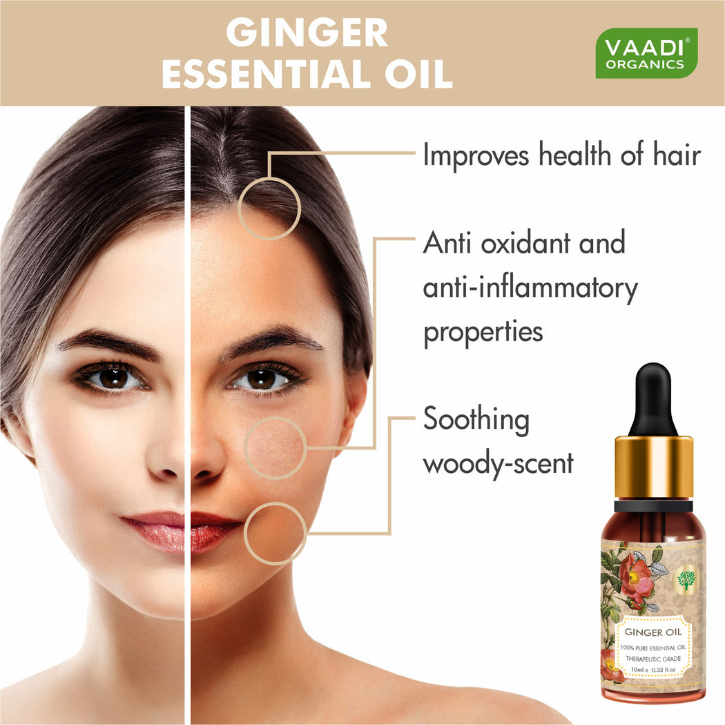 Organic Ginger Essential Oil - Tones Skin, Prevents Hairfall, Soothing Woody Aroma - 100% Pure Therapeutic Grade (10 ml/ 0.33 oz)