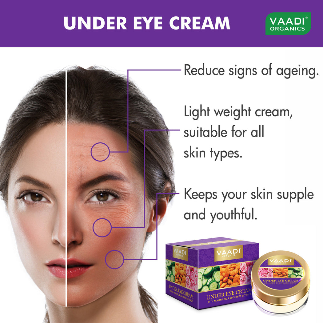 Organic Under Eye Cream with Almond Oil & Cucumber Extract - Reduces Puffiness - Keeps Skin Youthful (3 x 30 gms /1.1 oz)